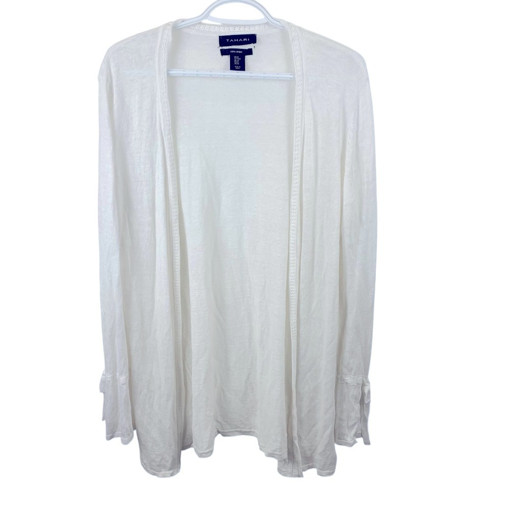 Tahari sz M White 100% Linen Long Open Cardigan Bell Sleeves Boho Lagenlook